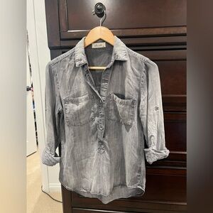 Bella Dahl Western Rolled Tab Sleeved Button Up Shirt Chambray Grey Womens XS